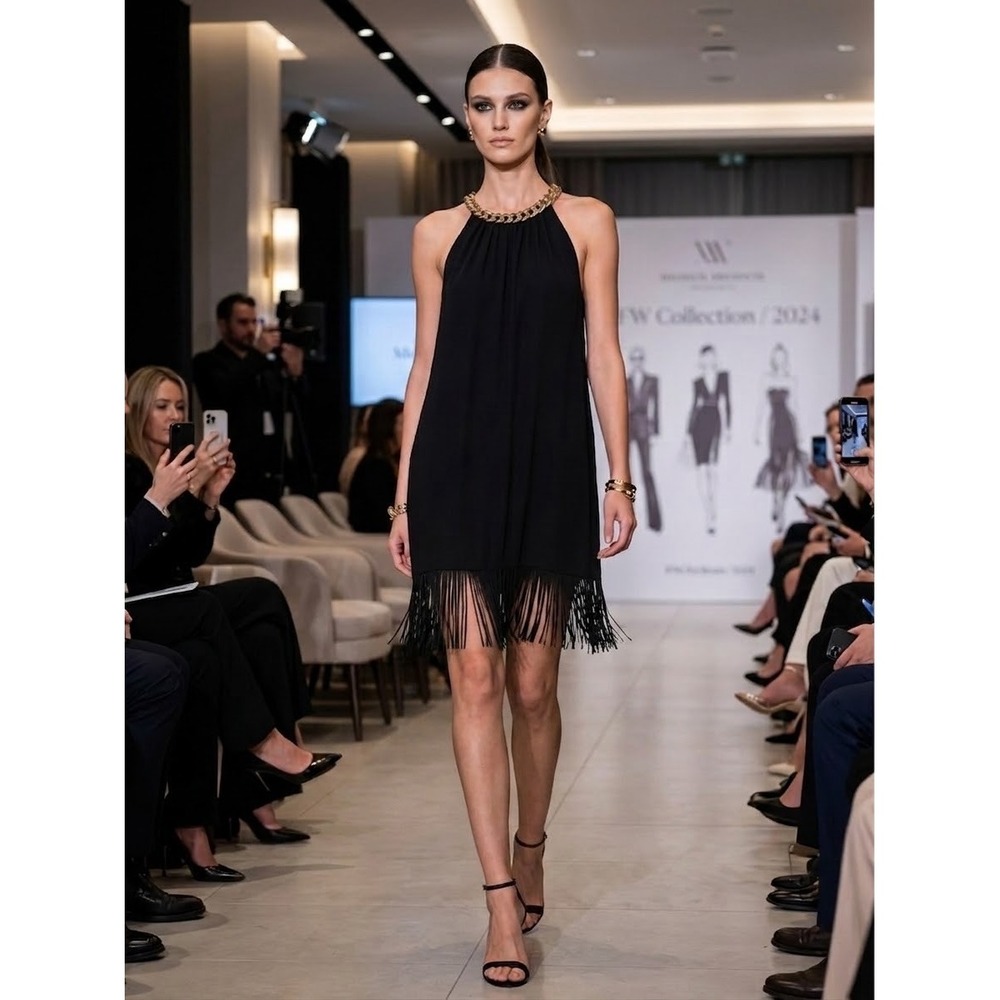 Michael Kors Black Fringe Halter Dress Chain Neck LBD XS dressy party NWT $195